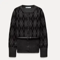 ♡ZARA ダイヤモンド柄ベルト付きアーガイル柄ニットジャケット♡