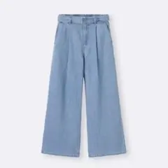 GU ジーユー ライトデニムベルテッドワイドパンツ (標準70~74cm)ブルー