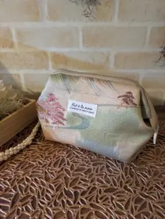 ハンドメイド★帯リメイク口金ポーチ／ベージュ✕赤