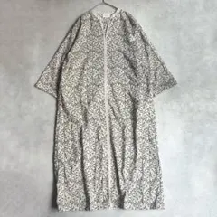 yuni 多色刺繍ワンピース 花柄 総柄 ロング キーネック 洗える ベージュ