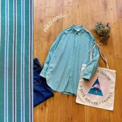 ニコアンド＊BIGシルエット ロゴ刺繍 ストライプ柄 長袖シャツ グリーン