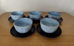 青色花柄湯呑み　受け皿5客セット