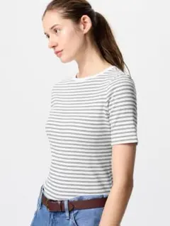 UNIQLO リブボートネックT/5分袖/ボーダーのサムネイル