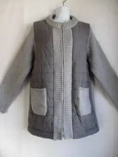 ニットコート　ニットジャケット　異素材　キルティング　グレー　L　スウェード似