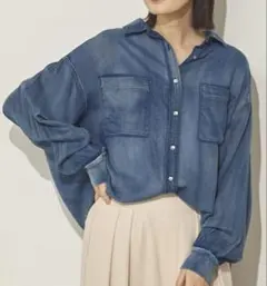 【数量限定SALE】シアーデニム袖リブシャツ／ネイビー