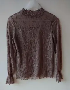 花柄レースブラウス ハイネック シアーブラウス 長袖 ブラウン系　Mサイズ