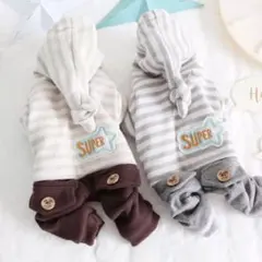 【値下げ】0227-2犬服ペット服　かわいい冬服　フード付きツナギ服ボーダー