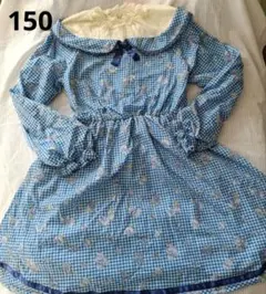 美品アクシーズファムキッズ ワンピース 150cm 青と白のチェック柄　花柄バラ