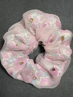 NEW ビジューシリーズピンクフラワーシュシュ