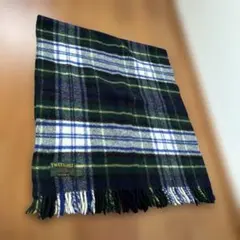 美品TWEEDMILL ウール ネイビー・グリーン・ホワイトチェックブランケット
