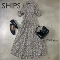 SHIPS 小花柄ロングワンピース ブラウン M相当 シャツワンピース