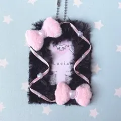 ふわふわ ピンク 黒 リボン トレカケース レースデコ