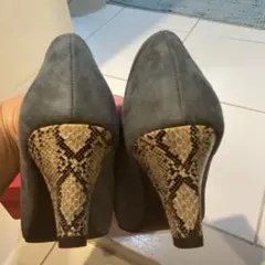 【25cm】ブルーグレー スエード ハイヒール ヘビ柄ヒール