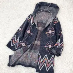 フード付き ニットガウン ライトアウター ノルディック調 羽織り Lサイズ