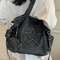 レトロ　ヴィンテージ　デニム地 星デザイン　2Way ショルダーバッグ トート