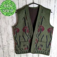 ニット　べスト　抹茶グリーン　デザイン総柄　ヴィンテージ古着