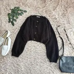 6882✾エヘカソポ✾ケーブル編みニットカーディガン【F】ブラック/ショート丈