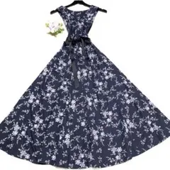 未使用級 ローラアシュレイ ロングワンピース 花柄 リボン 伸縮