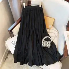 レディース プリーツスカート ロング レトロ Aライン しわ ウエストゴム 無地