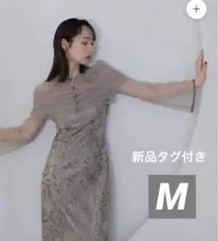 LEJA チュールオフショルダー花柄Iラインドレス グレー　M