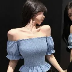 オフショルダー シャーリング トップス 半袖 ブルー 水色のサムネイル