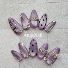 ネイルチップ うるうるネイル マグネットネイル パープル リボン ビジュー 現品