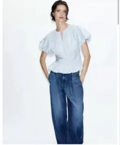 ZARA ピンタック入りパフスリーブブラウン Sサイズ 新品未使用 タグ 
