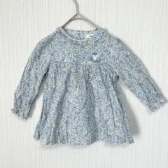 1794 ファミリア 長袖チュニック 小花柄 白 水色 90 うさぎ フリル