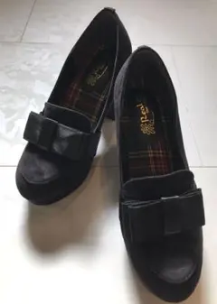リボン付き　ローファー パンプス　スェード　ブラック　L 24cm