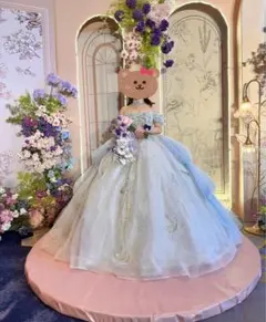 豪華ラメ入り水色オフショルウェディングドレス^_^付属品充実^_^フリーサイズ