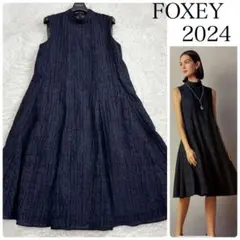 極美品✨フォクシー リネンフェイスワンピースドレス ティアード ネイビー 38 美品】フォクシー リネンフェイスワンピースドレス ティアード 大きい