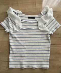 フリル付き白青ストライプ半袖Tシャツのサムネイル