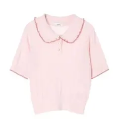 earth music&ecology ピンク フリル ニット ポロ 半袖 春夏