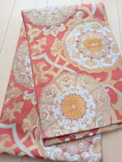 【訳あり】袋帯 六通柄 朱色系/オレンジ系 リメイク用 練習用　花柄刺繍