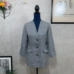 【美品】 グレンチェックノーカラージャケット L相当 グレー 匿名配送