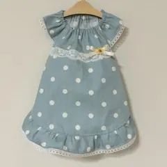 【SALE】Sサイズ＊ドット柄フレアスリーブワンピース（ブルー）　胴まわり38