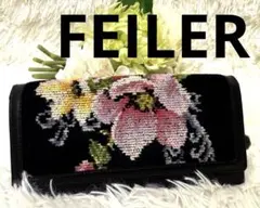 FEILER フェイラー 花柄刺繍 2つ折り 長財布 シュニール織り ブラック