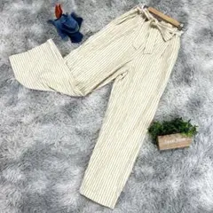 【ユニクロ】ストライプワイドパンツＭ白薄手後ろゴム麻綿混きれいめ上品快適