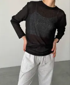 CANAL JEANリネン混リブロングTシャツ El mar ブラックのサムネイル