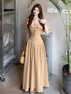 夏秋コーデ 秋色上下セットアップ オフショルダートップス&ロングフレアスカート