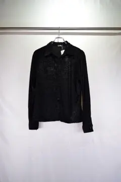 古着　ブラックデザインシースルーベロアブラウスシャツ　ビンテージ　80s 90s