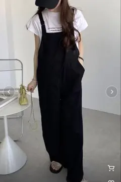 リネン混ワイドベイカーサロペット　黒　S ブラックのサムネイル