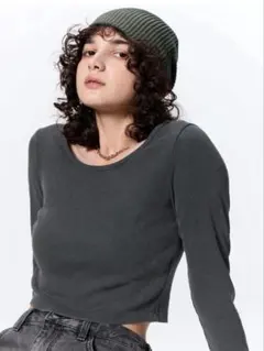 GU ジーユー ウォッシュドリブクロップドT　ダークグレー　Sサイズ