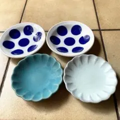 和モダン 小皿 4枚セット 美濃焼 ドット柄 菊型 青組合 まとめ売り