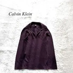 E5【カルバンクライン】スキッパーリブニット　長袖　赤むらさき　L 伸縮性