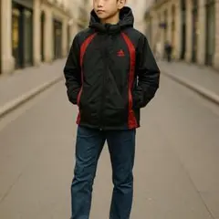 【最安値】adidas フード付きジャケット 黒 赤 140cm