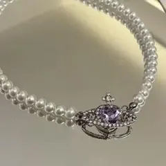 パープルストーンハート土星パールネックレス　シルバー　チョーカー　可愛い　韓国