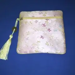 花柄刺繍ポーチ ピンク 小型 タッセル付き 小物入れ