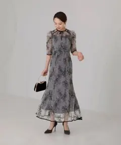Leja 花柄リボンパフスリーブマーメイドワンピースドレス