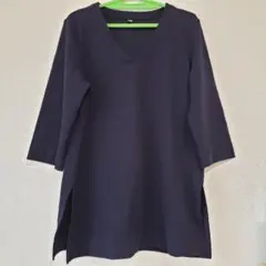 ミラノリブ カットソー ＶネックロングＴ 七分袖 ユニクロ ネイビー